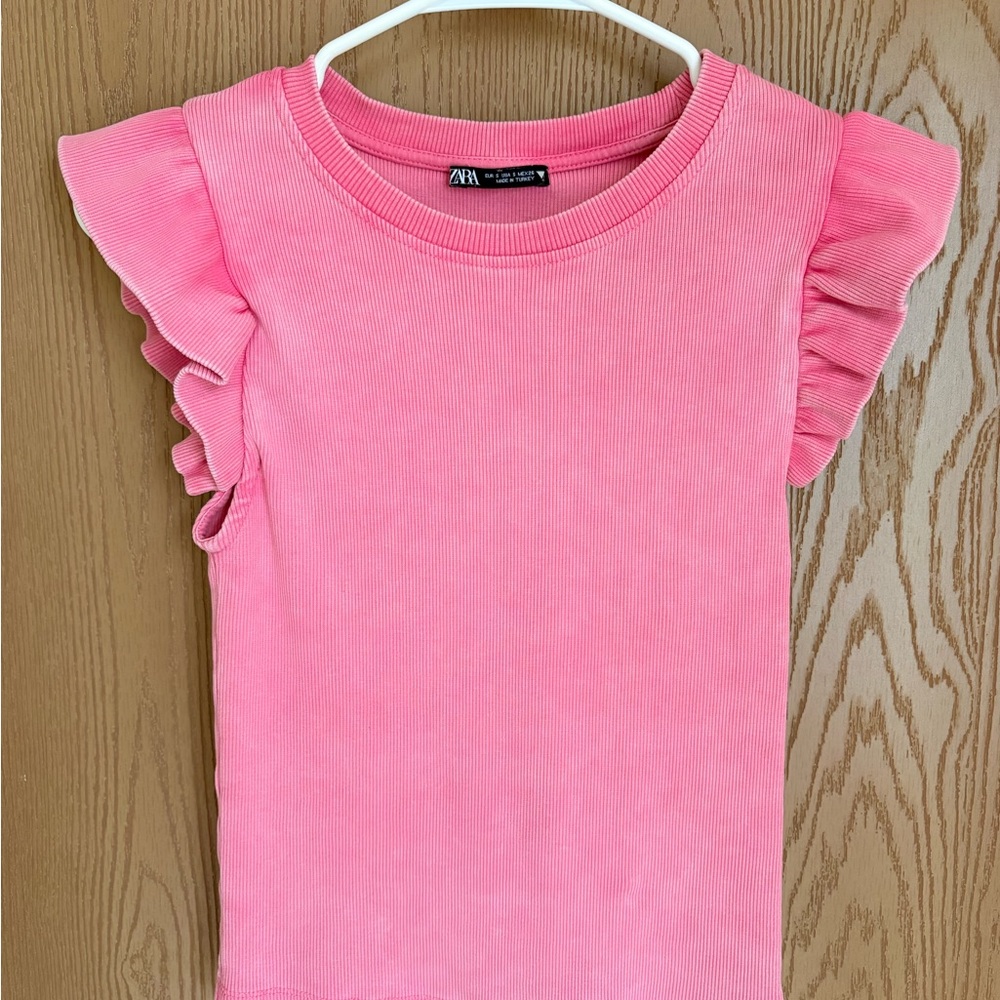 Zara acid wash Bright Pink Ruffle Sleeve Tank